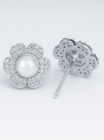 Silver Plated American Diamond Pearl Studded Stud Earrings for Women