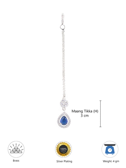 Silver Plated Blue AD Teardrop Maang Tikka for Women
