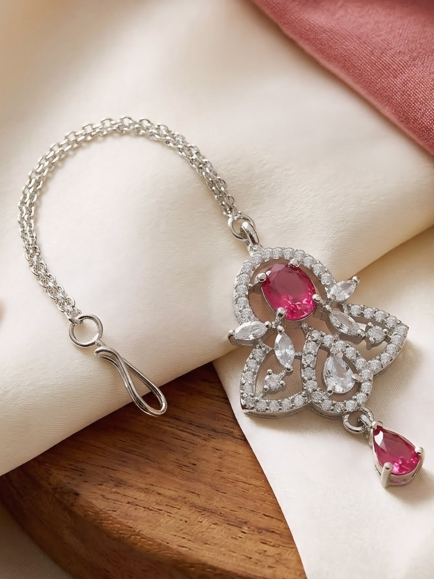 Silver Plated Red AD Maang Tikka for Women