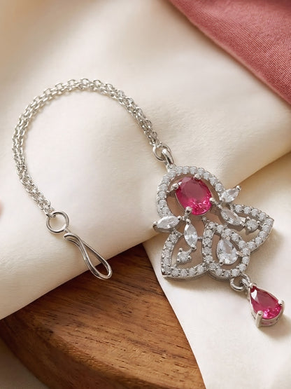 Silver Plated Red AD Maang Tikka for Women