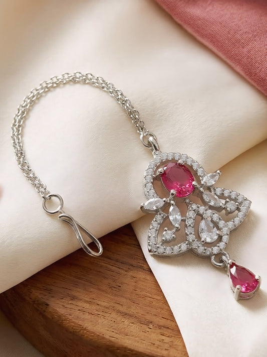 Silver Plated Red AD Maang Tikka for Women