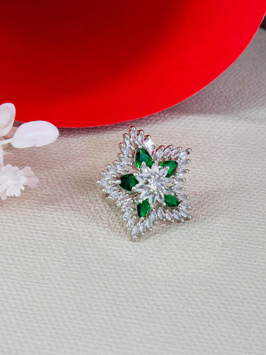 Silver-Plated American-Diamond Studded Floral Design Adjustable Finger Ring