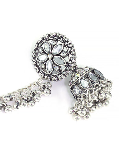 Silver-Oxidised Floral Mirror-Studded Jhumka Earrings With Hair Chain
