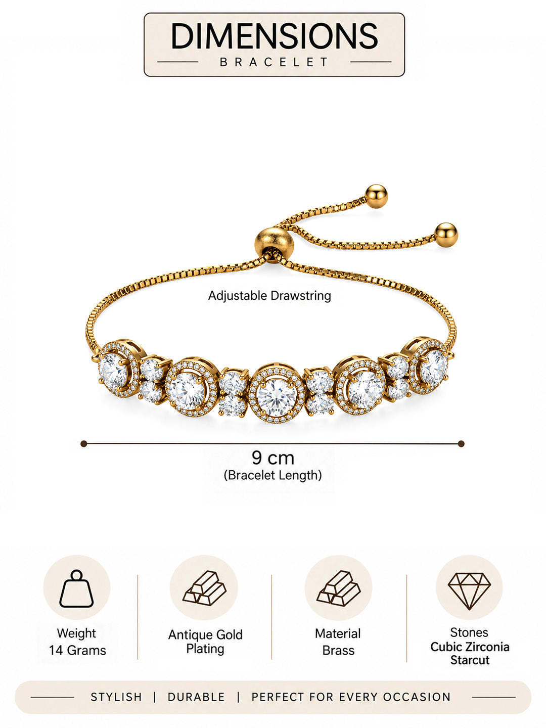 Antique Gold Plated AD Adjustable Bracelet for Women