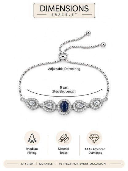Rhodium Plated Blue AD Adjustable Bracelet for Women