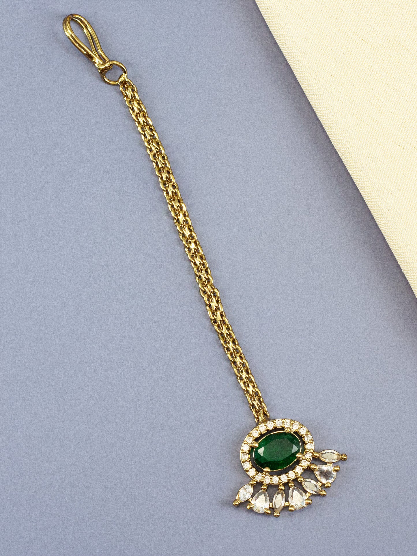 Gold Plated Green AD Maang Tikka for Women
