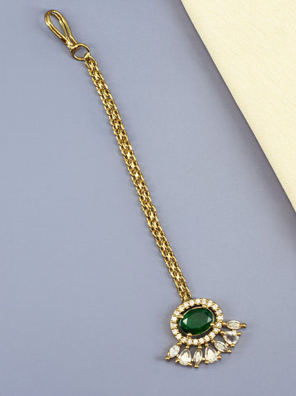Gold Plated Green AD Maang Tikka for Women