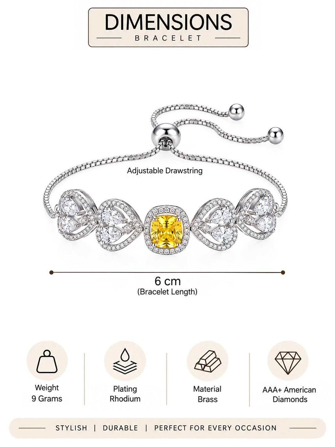 Silver Plated Yellow AD Adjustable Bracelet for Women