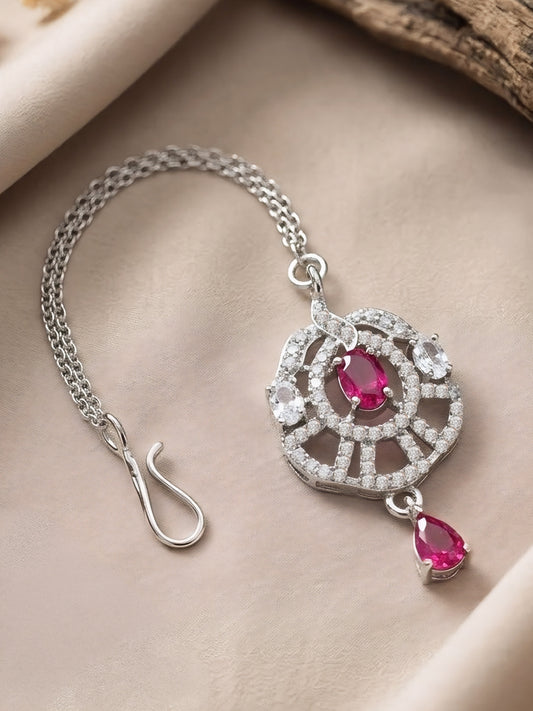 Silver Plated Pink AD Maang Tikka for Women
