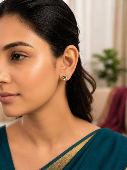 Gold Plated Black AD Floral Stud Earrings for Women