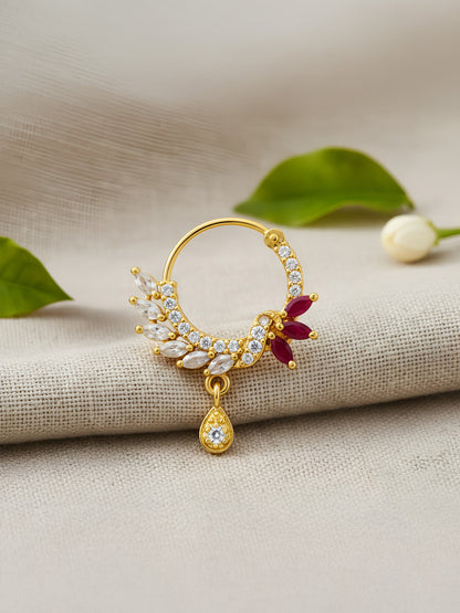 Gold Plated Red & White AD Drop Nose Ring
