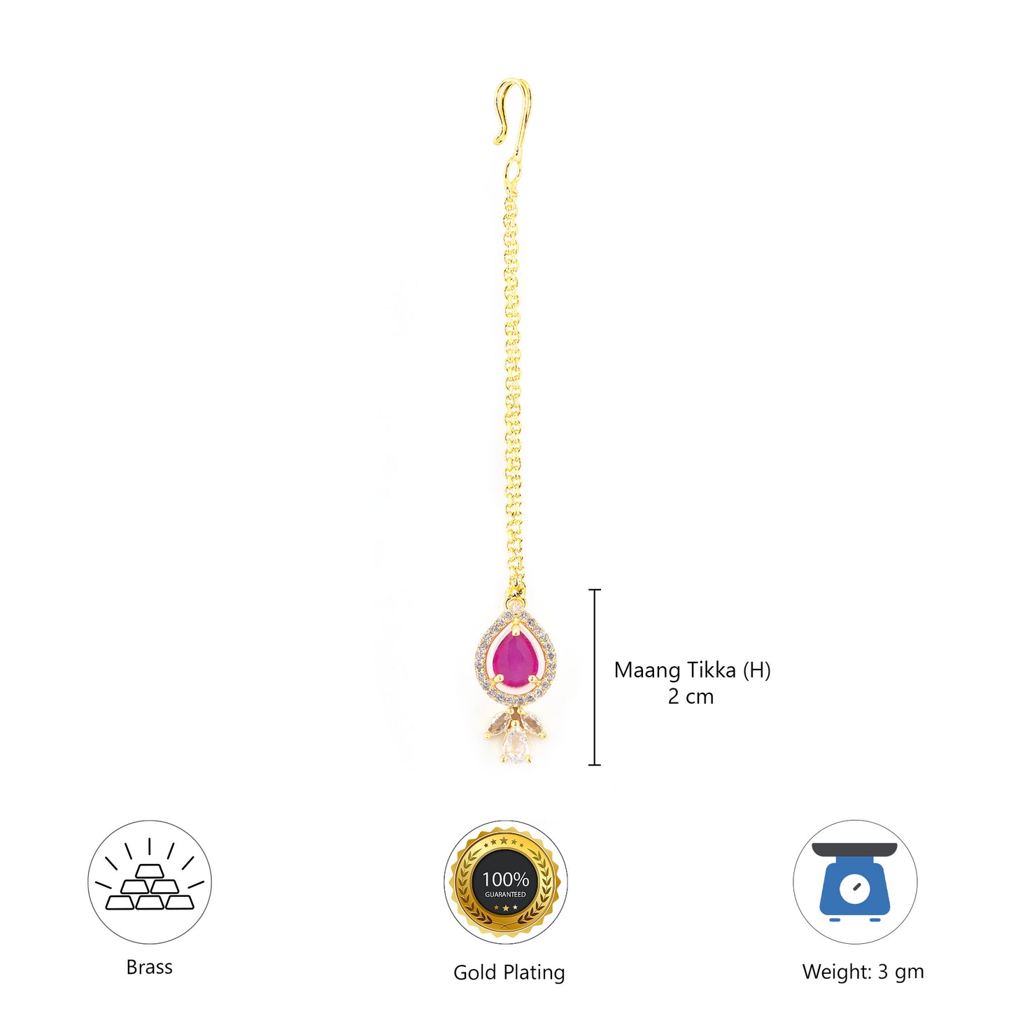 Gold Plated Ruby American Diamond Teardrop Maang Tikka for Women and Girls