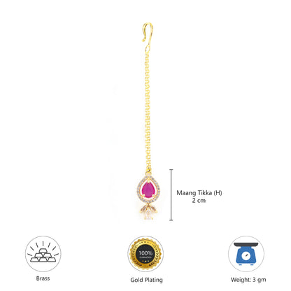 Gold Plated Ruby American Diamond Teardrop Maang Tikka for Women and Girls