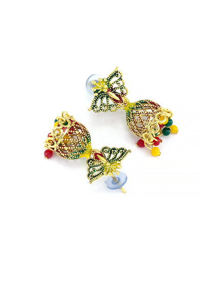 Gold Plated Butterfly Multi Color Artificial Beaded Jhumki Earrings