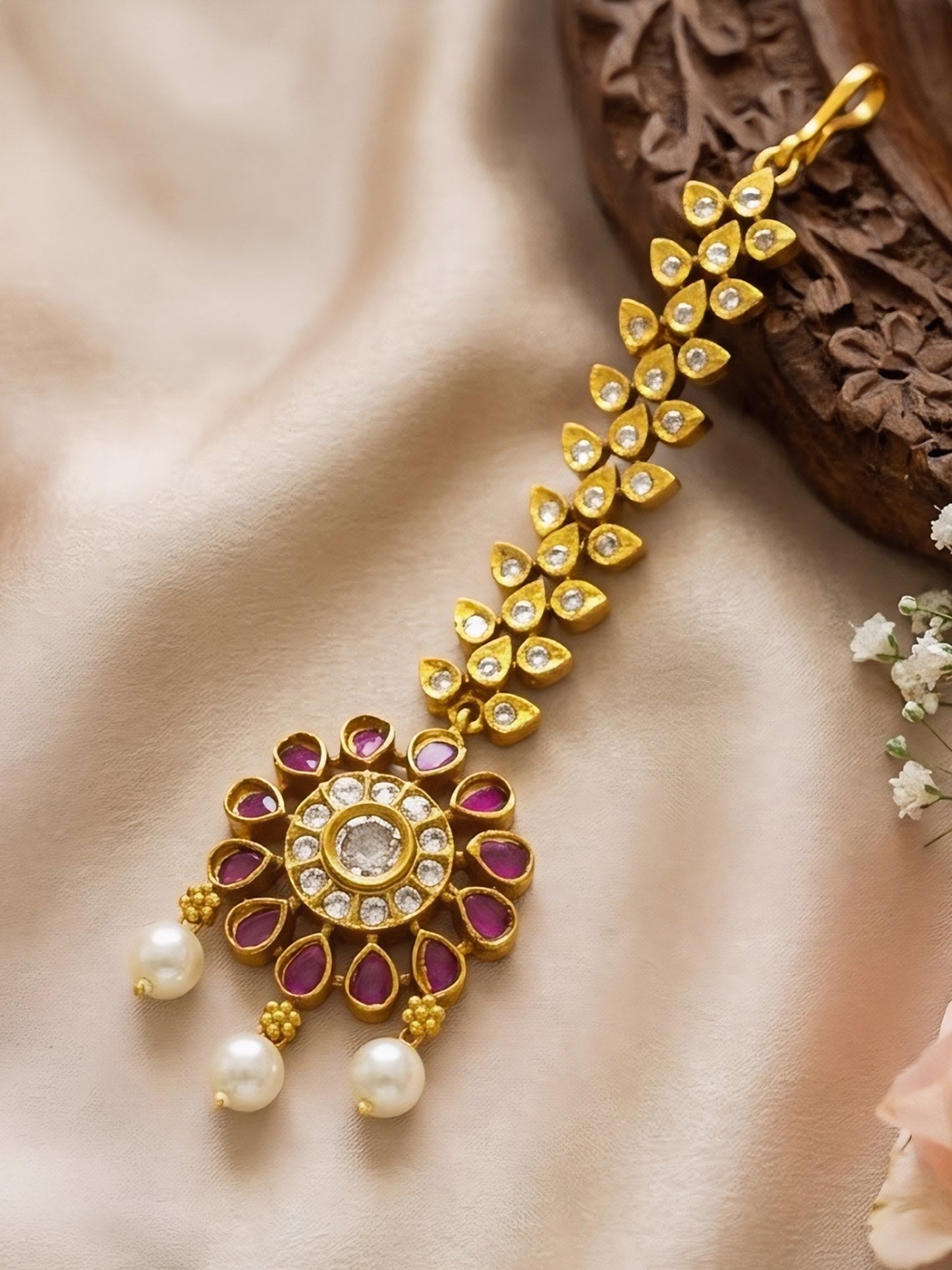Gold Plated Red American Diamond Maang Tikka for Women