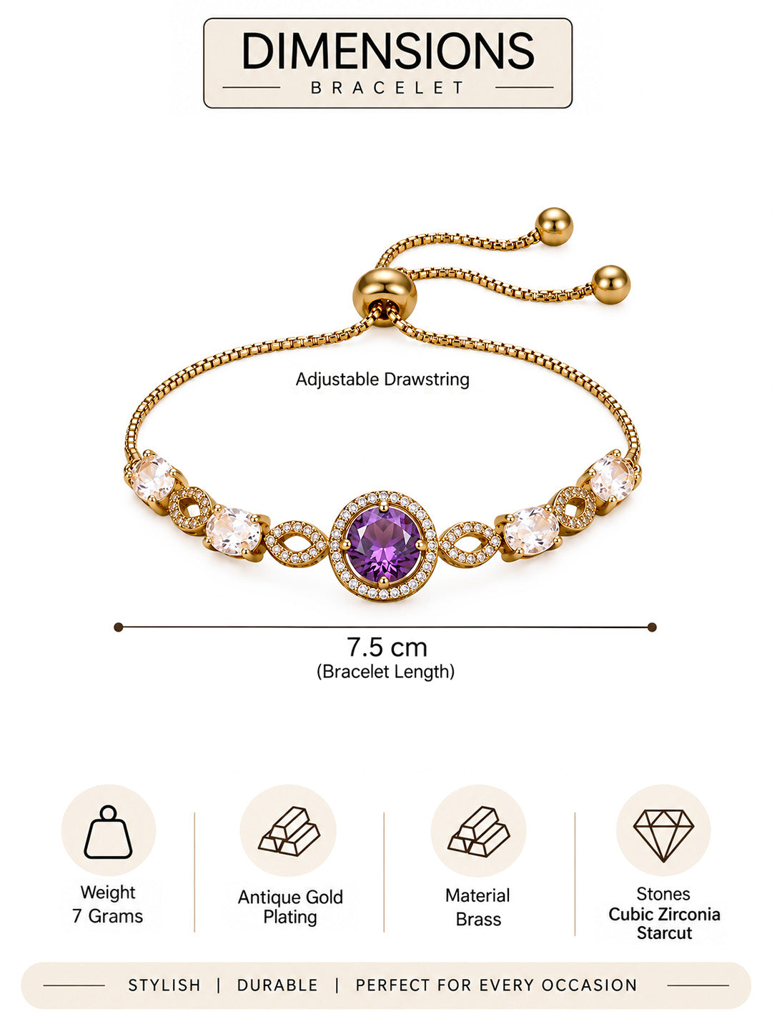 Antique Gold Plated Purple AD Adjustable Bracelet for Women