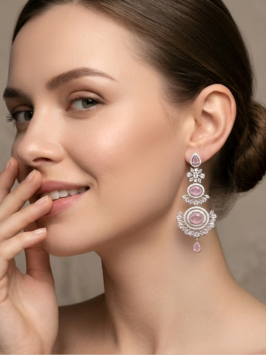 Silver Plated Pink AD Floral Earrings for Women