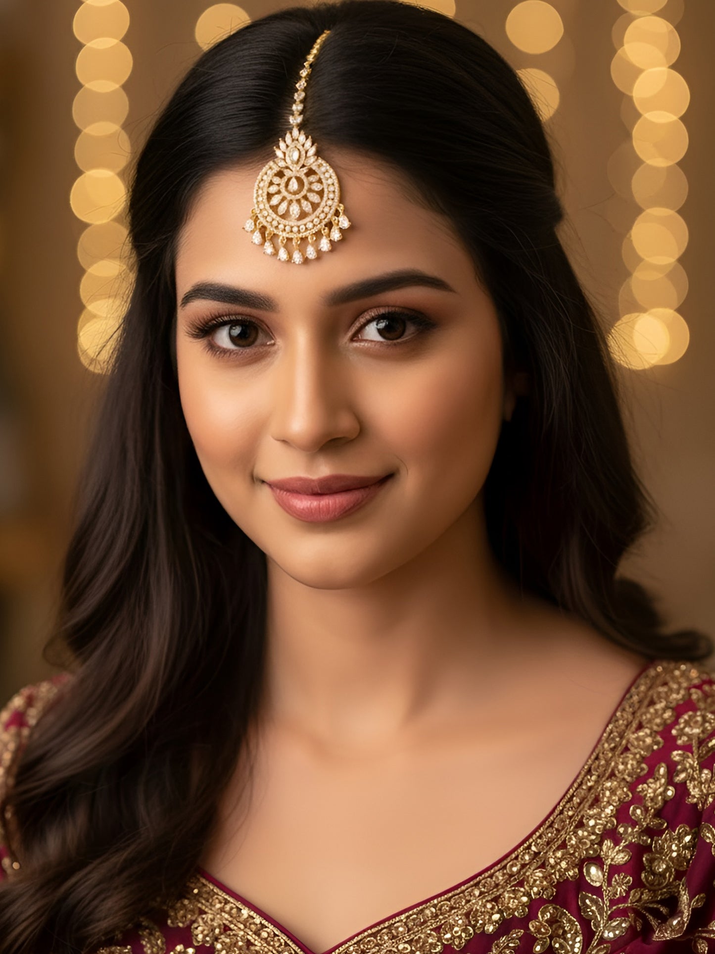 Gold Plated White American Diamond Maang Tikka for Women