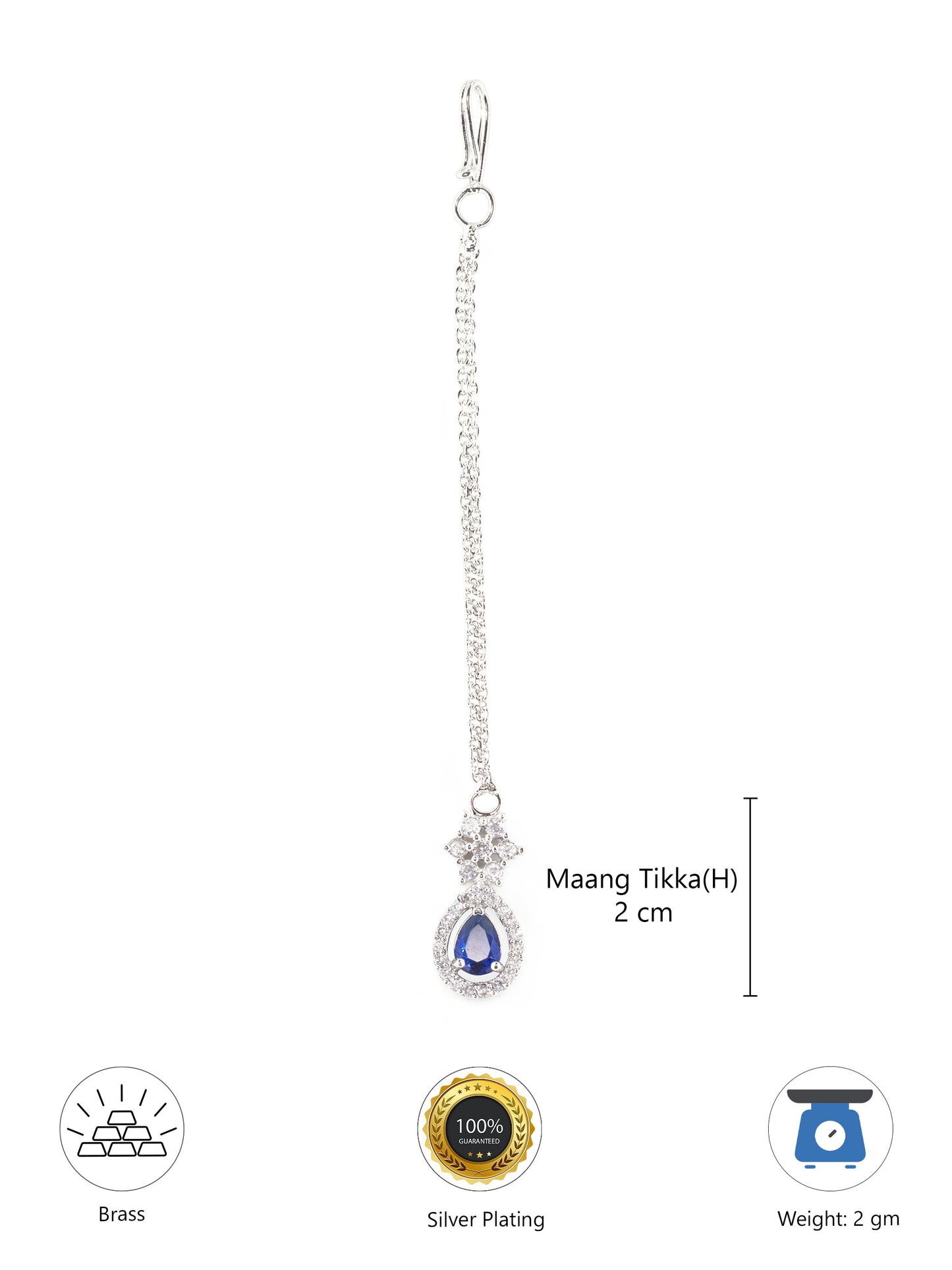 Rhodium Plated Blue AD Teardrop Maang Tikka