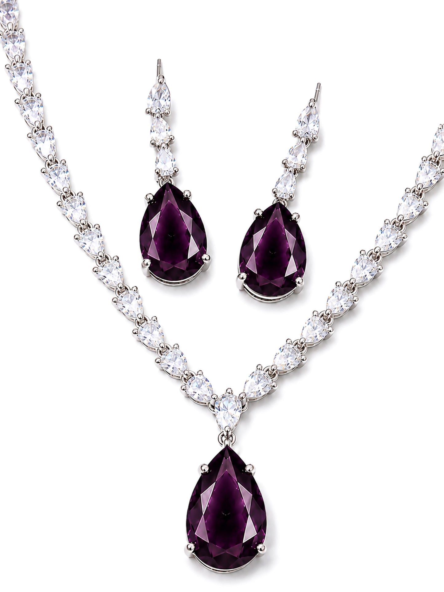 Silver Plated Purple Teardrop AD Jewellery Set for Women
