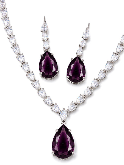 Silver Plated Purple Teardrop AD Jewellery Set for Women