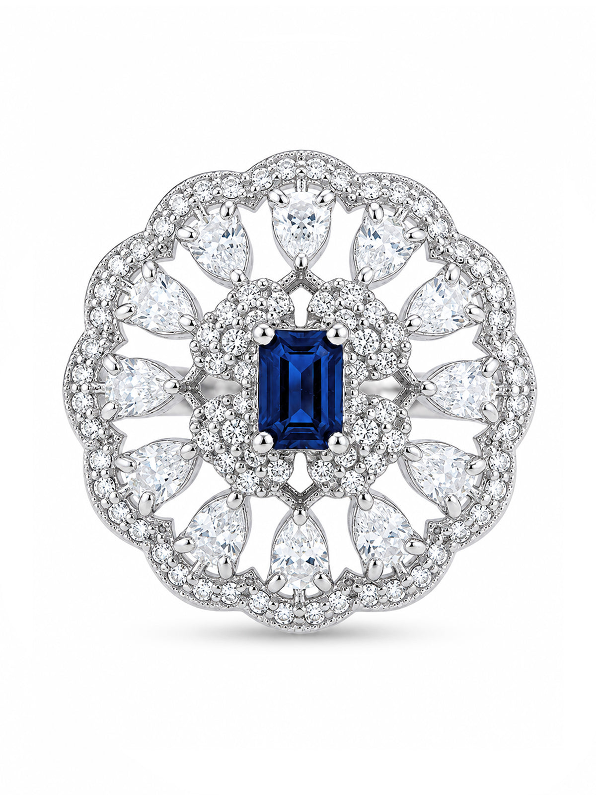 Rhodium Plated Blue AD Finger Ring for Women