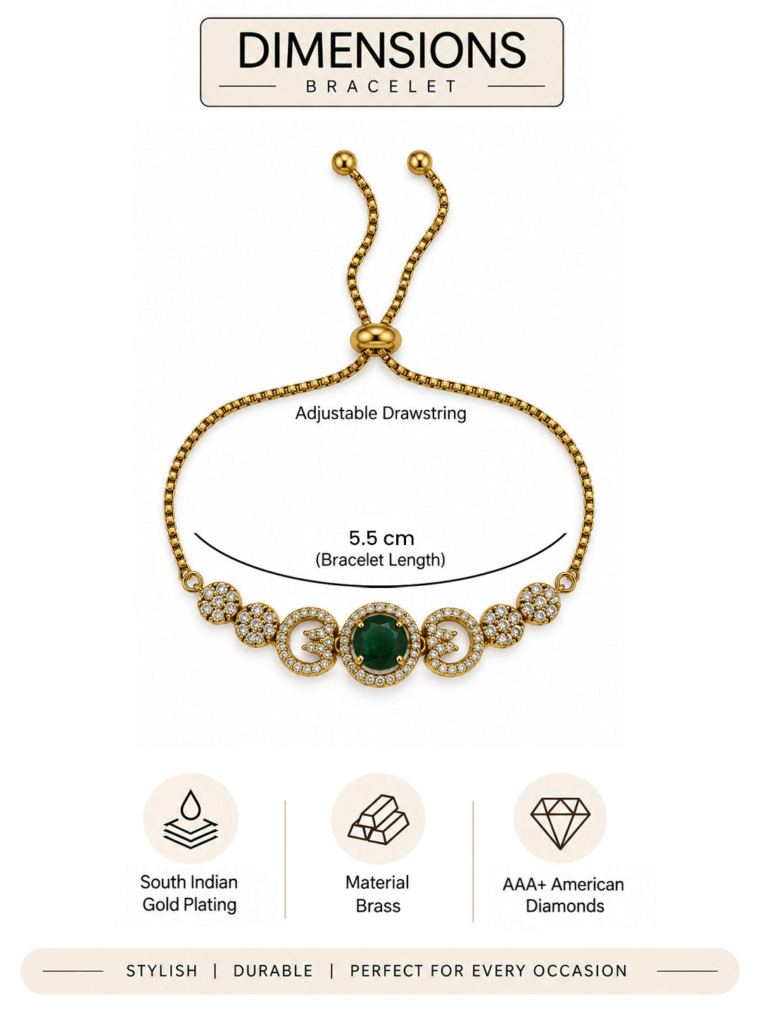 South Indian Gold Plated Green AD Adjustable Bracelet for Women