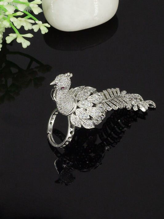 Silver Plated Peacock AD Adjustable Finger Ring for Women