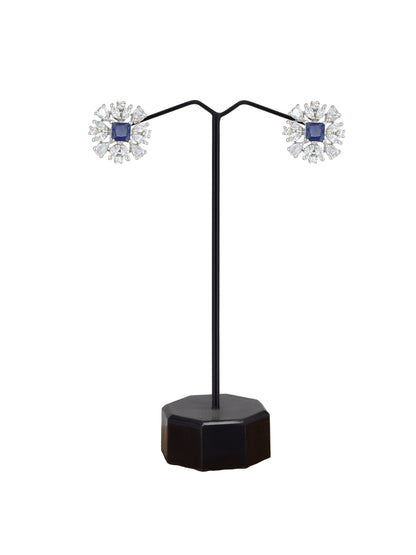 Silver Plated Blue AD Floral Stud Earrings For Women