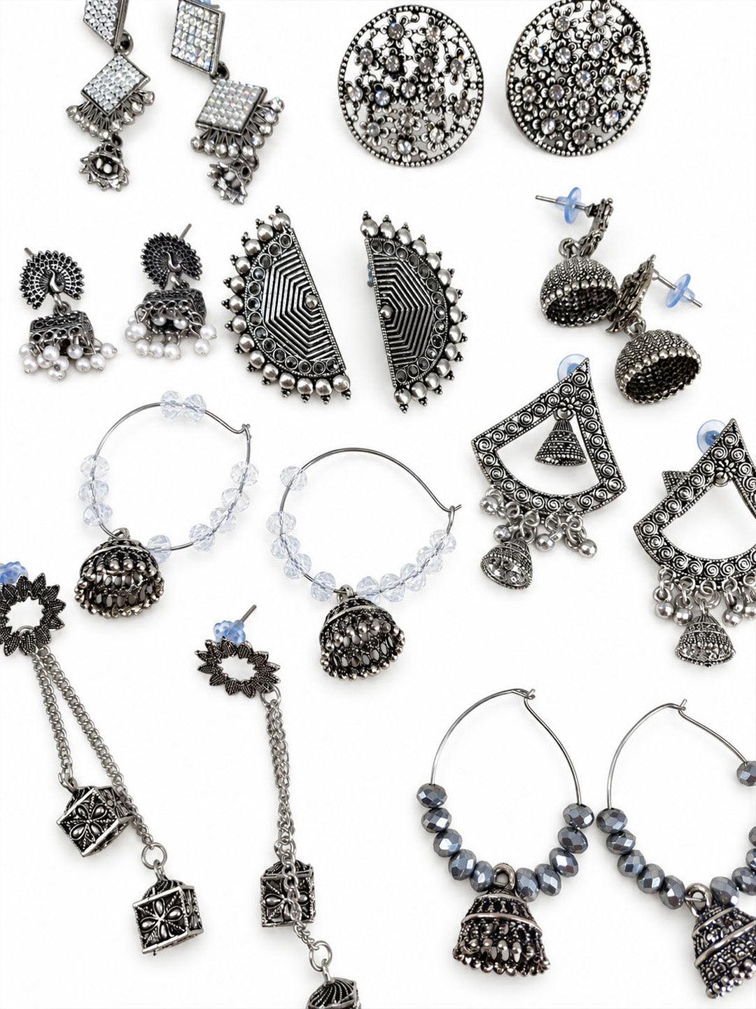 Set of 9 Silver Oxidised Jhumka Earrings for Women