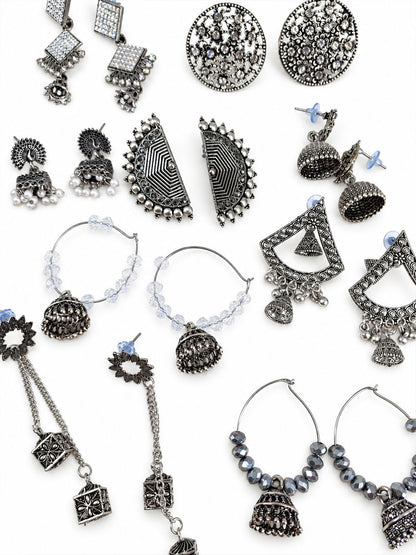 Set of 9 Silver Oxidised Jhumka Earrings for Women