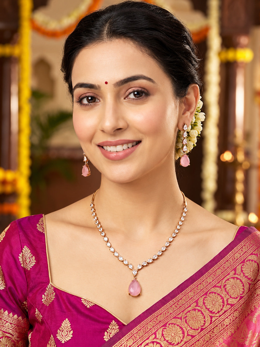 South Indian Gold Plated Pink AD Teardrop Jewellery Set for Women