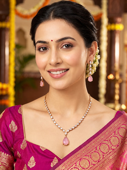 South Indian Gold Plated Pink AD Teardrop Jewellery Set for Women