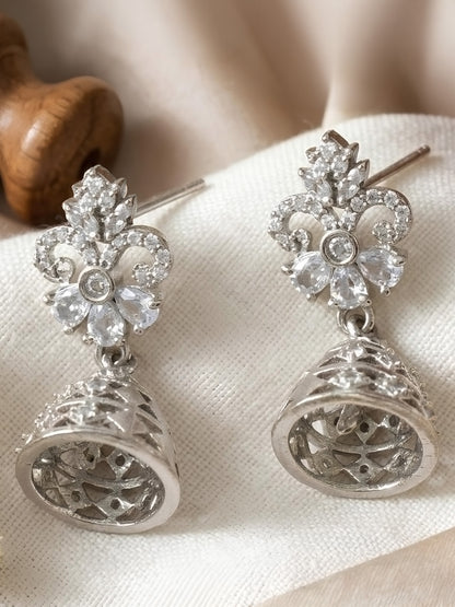Silver Plated American Diamond Jhumka Earrings for Women