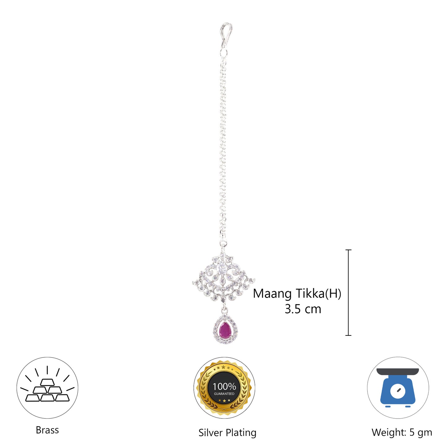 Silver Plated Red AD Maang Tikka for Women