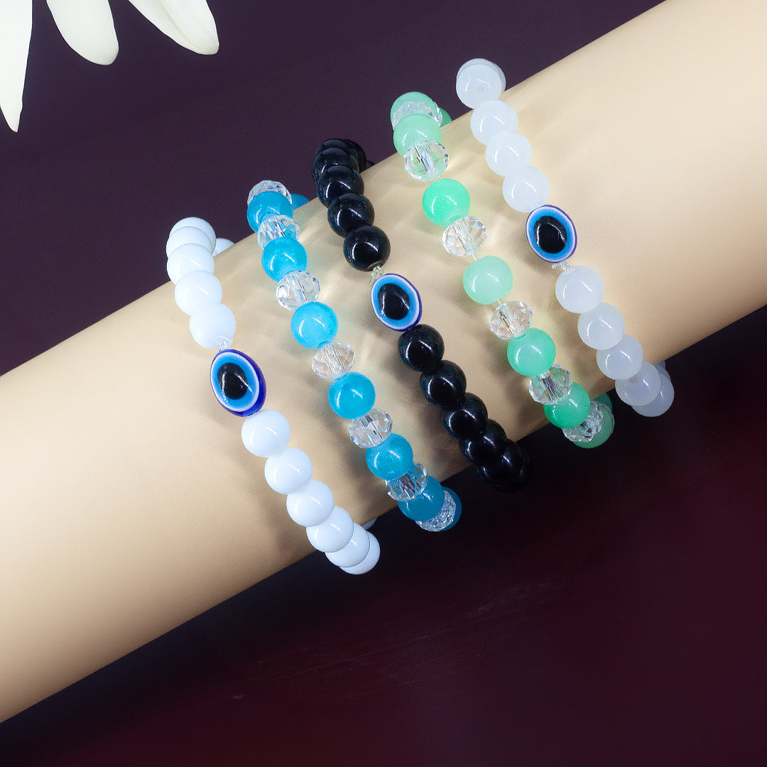 Set of Five Evil Eyes and Green & Blue Elastic Trendy Bracelets
