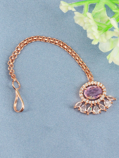 Rose Gold Plated Pink AD Maang Tikka for women