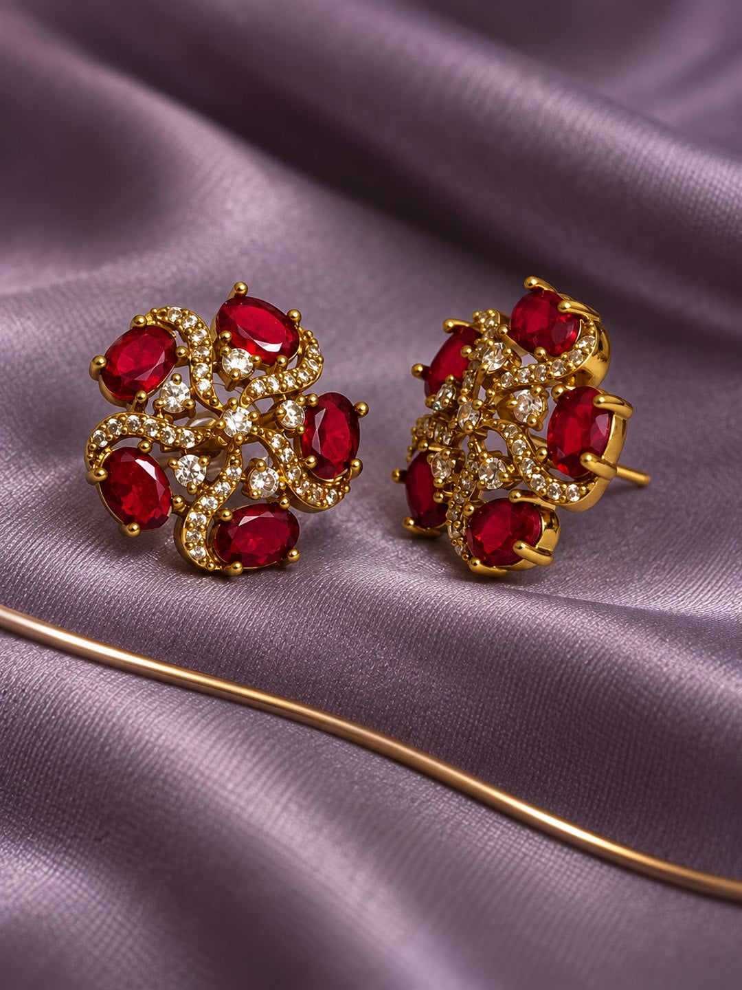South Indian Gold Plated Red AD Floral Stud Earrings for Women