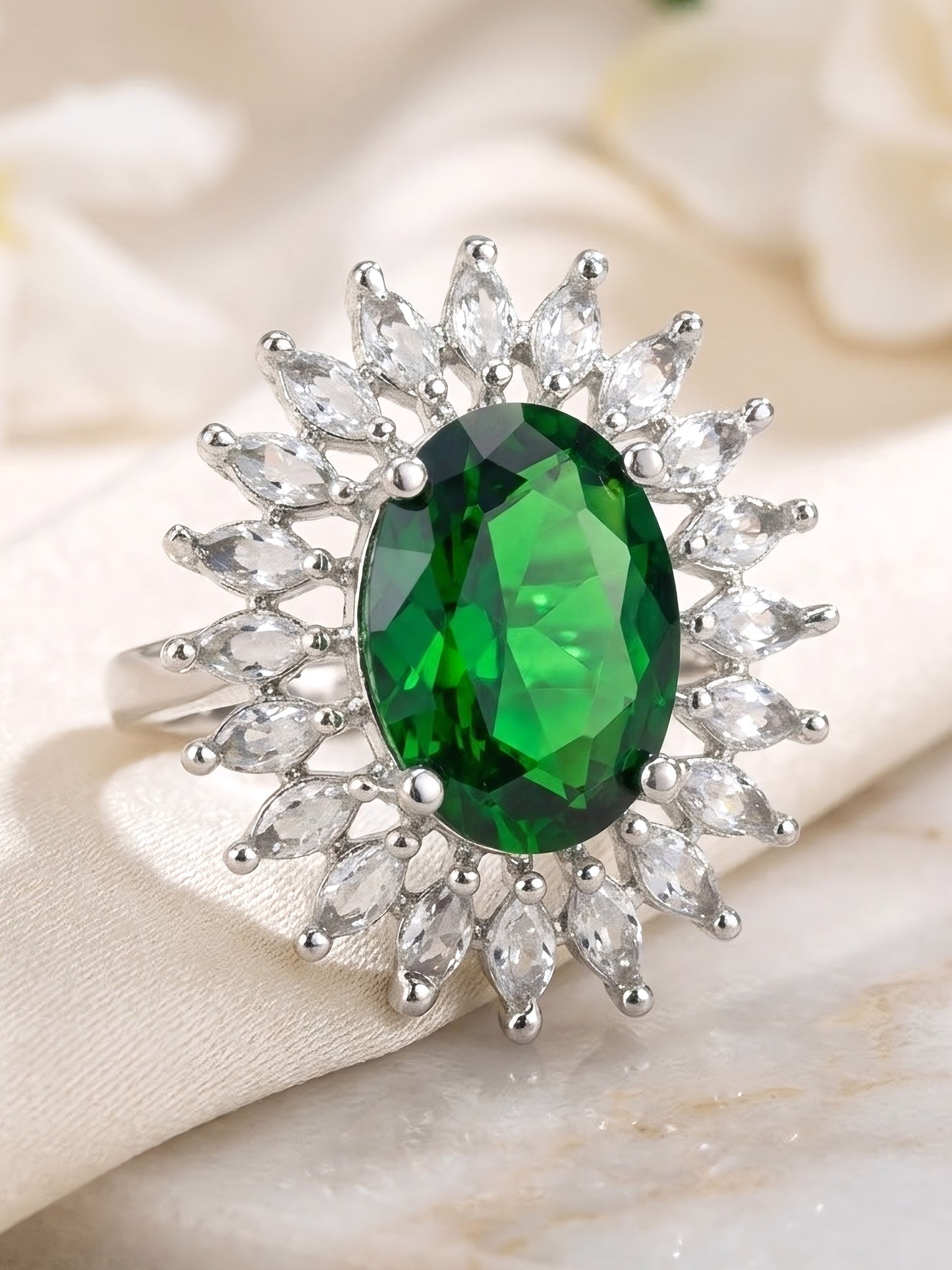 Rhodium Plated Green AD Finger Ring for Women