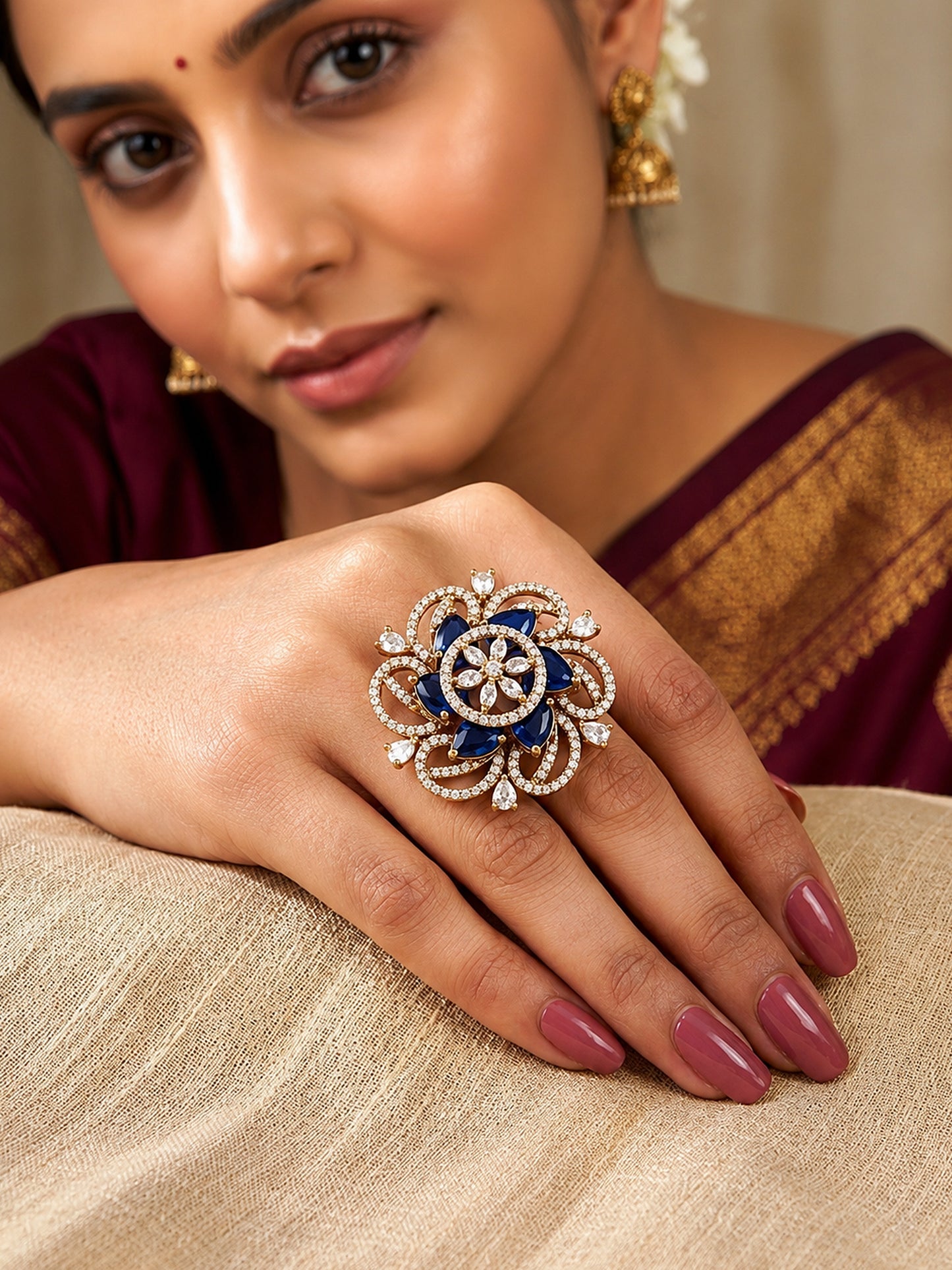 Antique Gold Plated Blue AD Finger Ring for Women