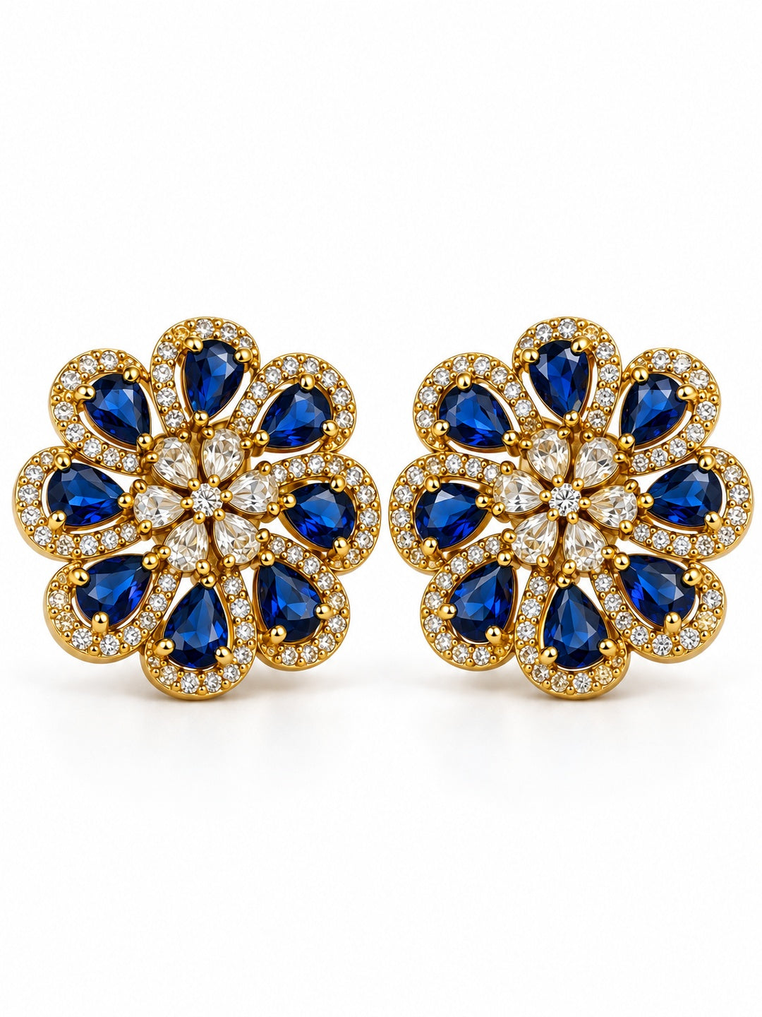 South Indian Gold Plated Blue AD Floral Stud Earrings for Women