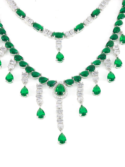 Silver Plated Green AD Designer 2 Layer Cocktail Jewellery Set