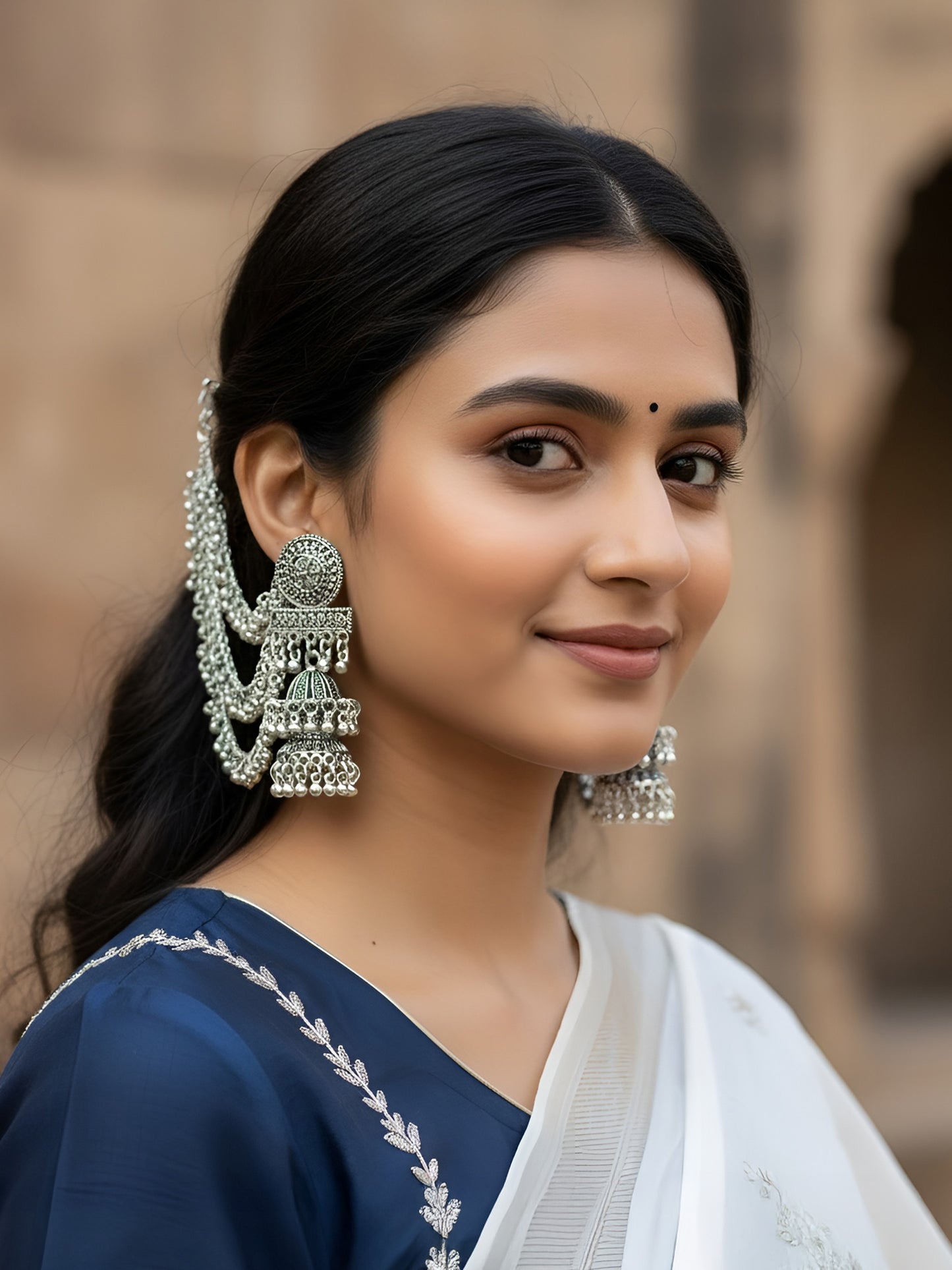 Silver Oxidised Double Jhumka Earrings with Ear Chain