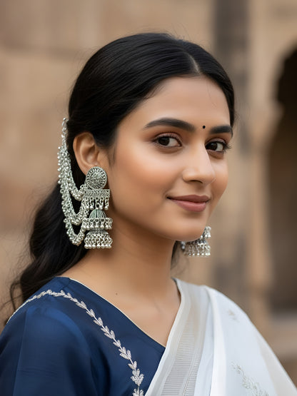 Silver Oxidised Double Jhumka Earrings with Ear Chain