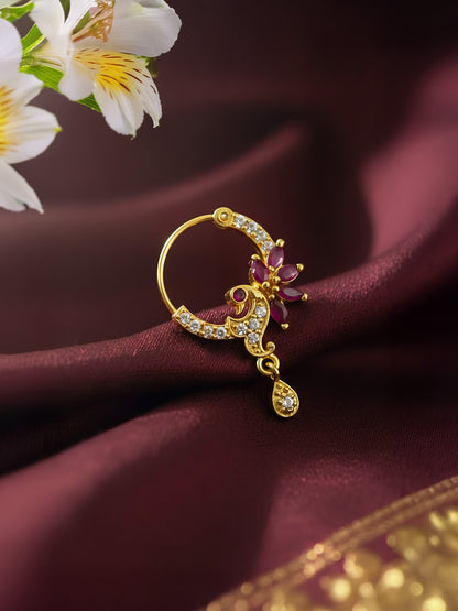 Gold Plated Red AD Drop Nose Ring for Women