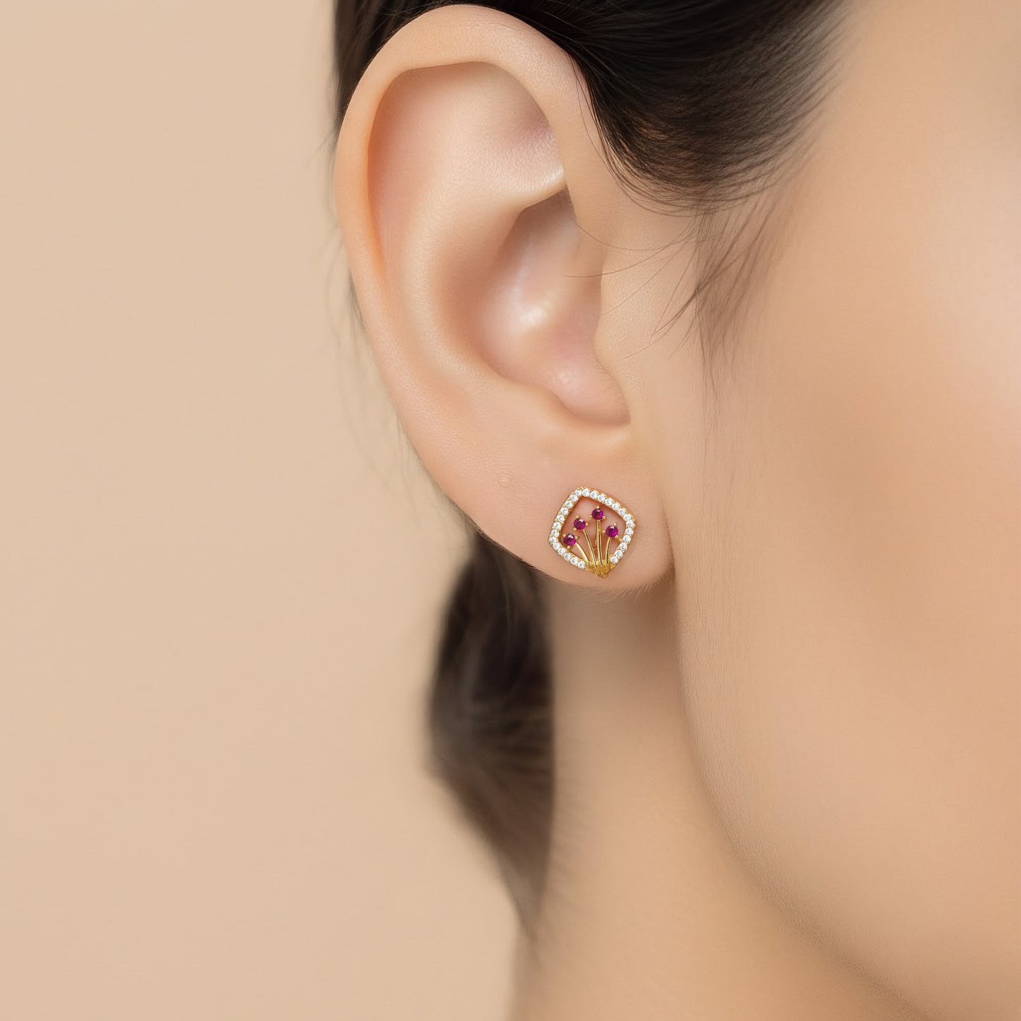 Gold Plated Red AD Stud Earrings for Women