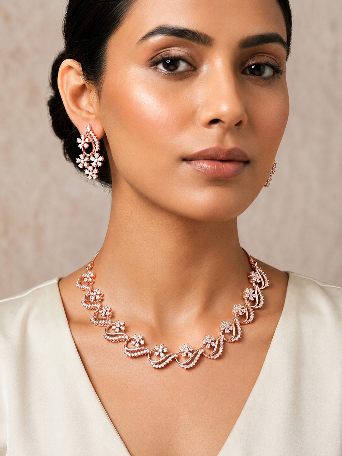 Rose Gold Plated AD Floral Jewellery Set for Women