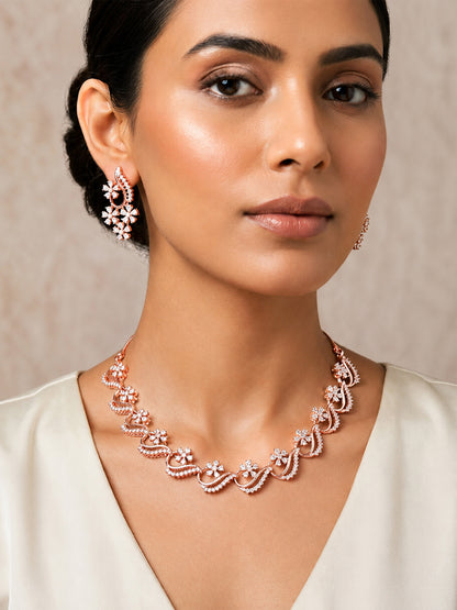 Rose Gold Plated AD Floral Jewellery Set for Women