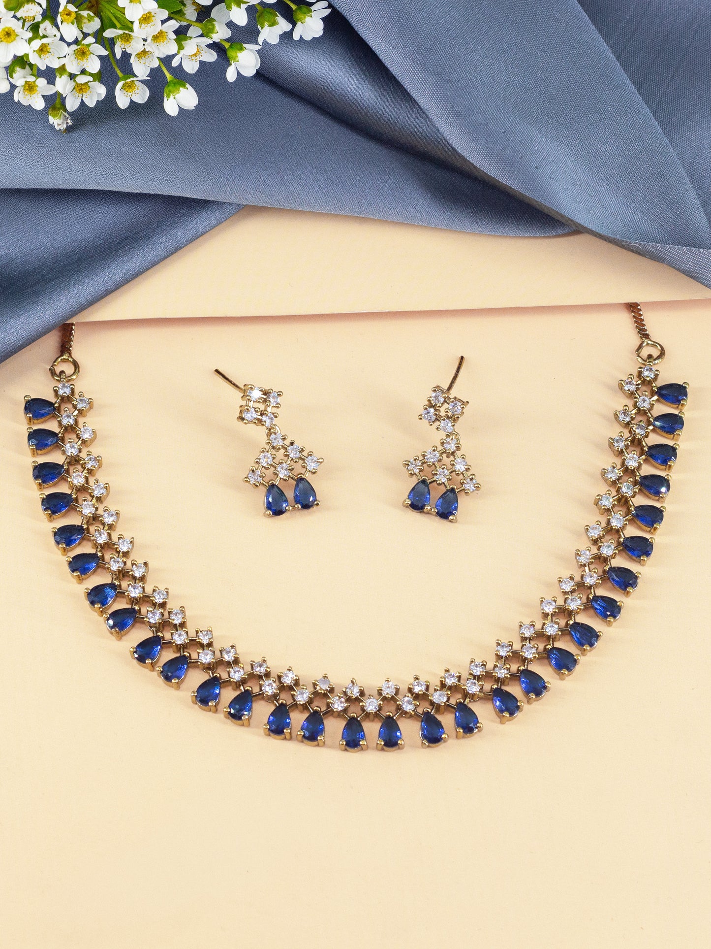 Gold Plated Blue American Diamond Jewellery Set for Women