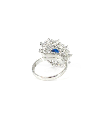 Silver-Plated American-Diamond Studded Floral Design Adjustable Finger Ring